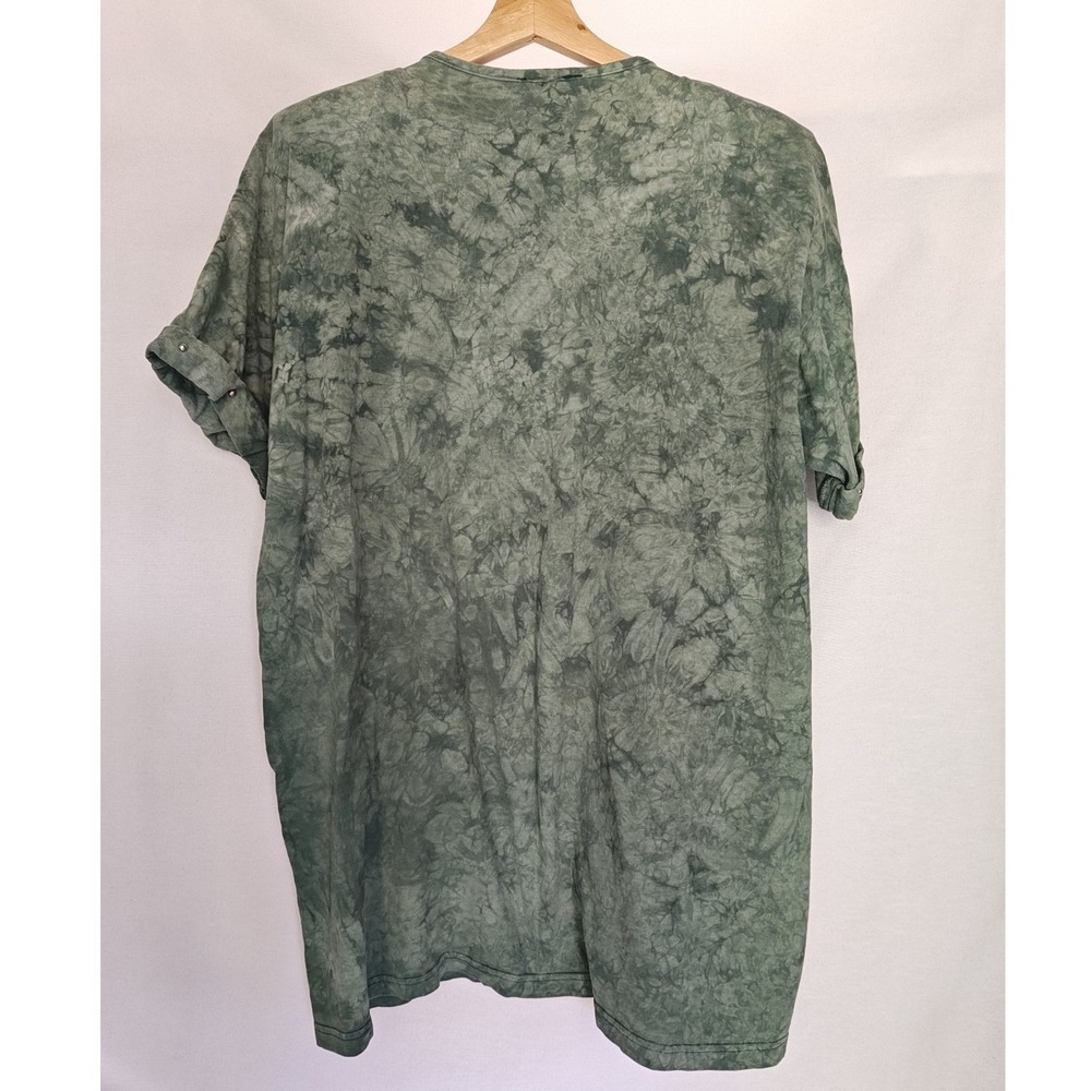 Western Fringe Embellished V Neck Shirt Green Tie Die Tee Conch Silver L XL Art - Picture 3 of 10